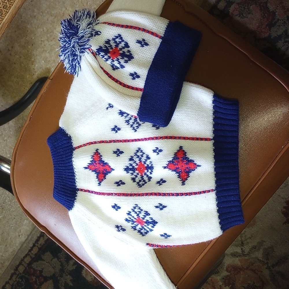 Atkins, 18 Months. Red White & Blue Patriotic Vintage Pullover Sweater & Hat Set